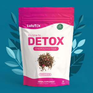 Verpakking van Lulutox Detox Tea, kruidenthee met 28 theezakjes